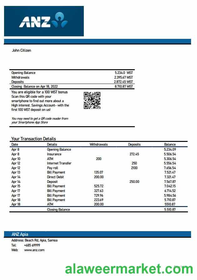 Samoa ANZ bank statement